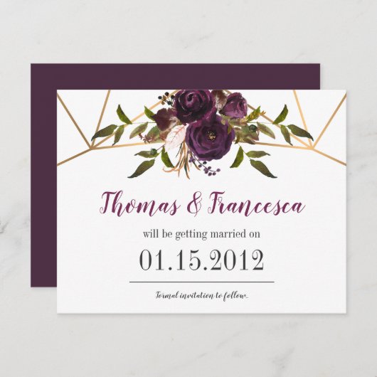 プラムフローラフェイク金ゴールド幾何学日付カードの保存 招待状 (正面/裏面)