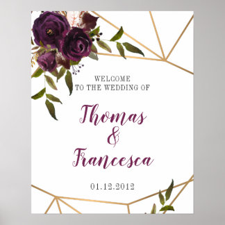 プラムフローラフェイク金ゴールド幾何学歓迎サイン16x20 ポスター