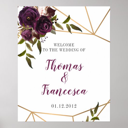 プラムフローラフェイク金ゴールド幾何学歓迎サイン16x20 ポスター (正面)