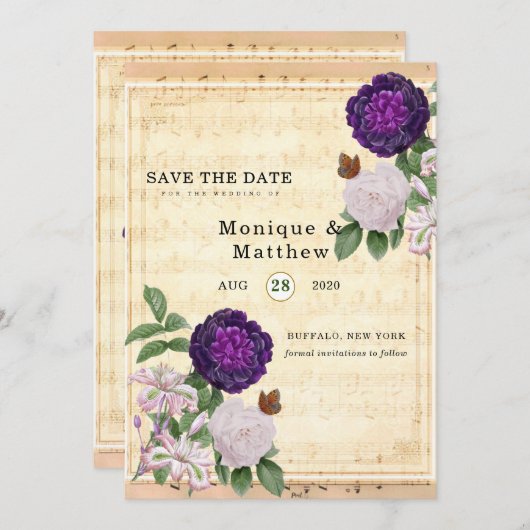 プラムフローラヴィンテージシート音楽保存日時 招待状 (正面/裏面)