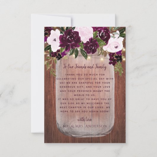 プラムフローラ素朴ウッドメイソンジャー結婚ズ サンキューカード (裏面)