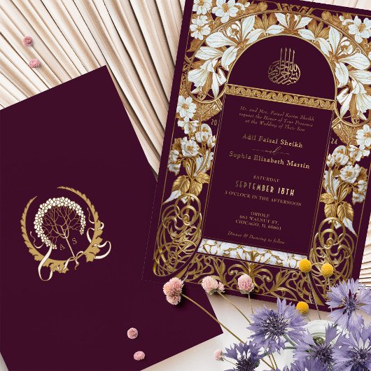 プラムブルゴーニュ結婚イスラームアンティーク金ゴールドイスラム 箔招待状