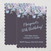 プラムブルーのラベンダー花柄デザイン 50歳の誕生日 招待状 (正面/裏面)