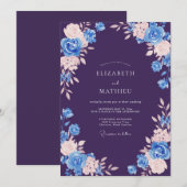 プラムブルーの花嫁水彩フラワーウェディング 招待状 (正面/裏面)
