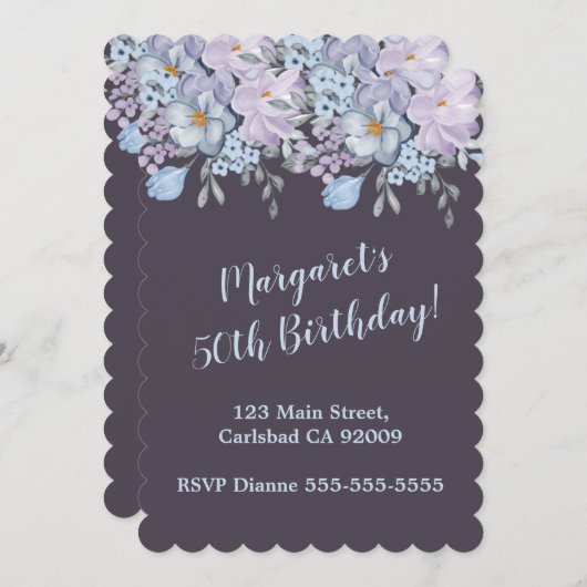 プラムブルーラベンダーフローラデザイン50歳の誕生日 招待状 (正面/裏面)