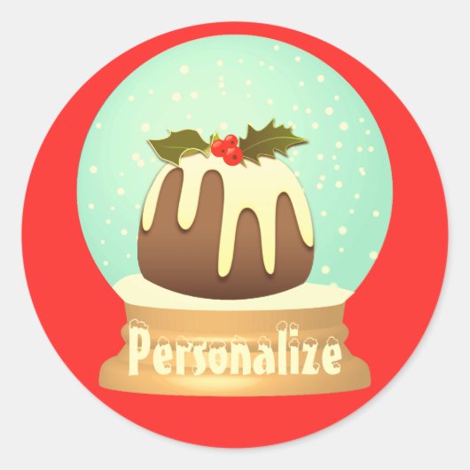 プラムプリン雪のグローブ冬のケーキ赤い緑 ラウンドシール (正面)