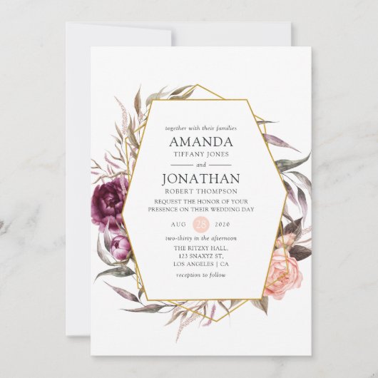 プラムベルベットと赤面ピンク結婚フローラ 招待状 (正面)