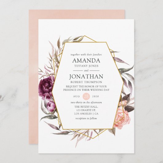 プラムベルベットと赤面ピンク結婚フローラ 招待状 (正面/裏面)