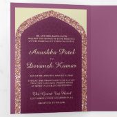 プラムマウヴバラ金ゴールドグリッター結婚インディアン 三つ折り招待状 (内部最初)