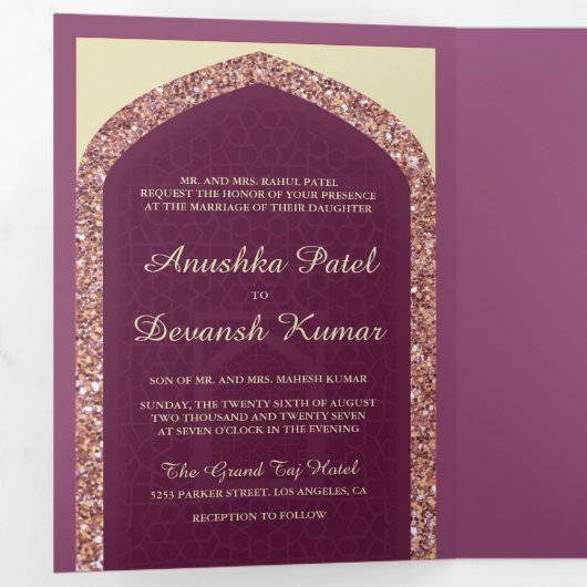 プラムマウヴバラ金ゴールドグリッター結婚インディアン 三つ折り招待状 (内部最初)