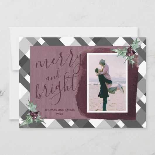 プラムモダングレイタータンチェック写真家族クリスマス カード (正面)