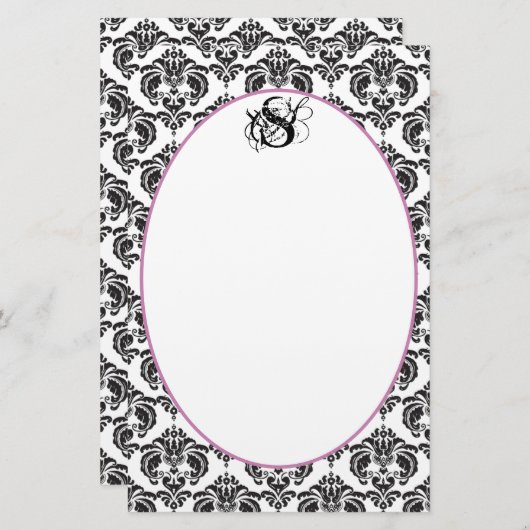 プラムリボンブラックダマスクモノグラムリサイクル紙 便箋 (正面/裏面)