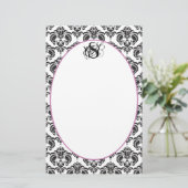 プラムリボンブラックダマスクモノグラムリサイクル紙 便箋