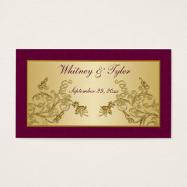プラムワインと金ゴールドフローラダマスクウェディングメッセージカード