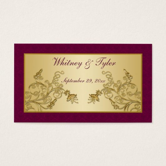 プラムワインと金ゴールドフローラダマスクウェディングメッセージカード (正面)