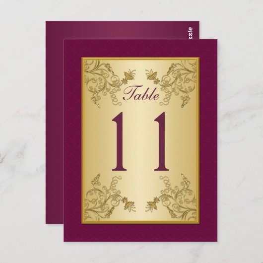 プラムワインと金ゴールドフローラダマスクテーブル番号 ポストカード (正面/裏面)