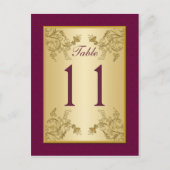 プラムワインと金ゴールドフローラダマスクテーブル番号 ポストカード (正面)
