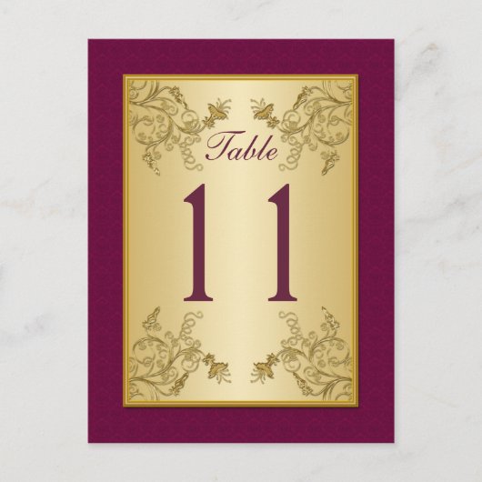 プラムワインと金ゴールドフローラダマスクテーブル番号 ポストカード (正面)