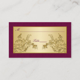 プラムワインと金ゴールドフローラダマスクプレイスカード プレイスカード