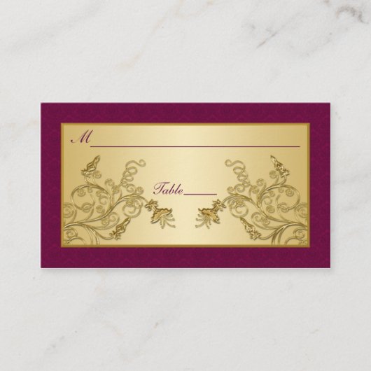 プラムワインと金ゴールドフローラダマスクプレイスカード プレイスカード (正面)