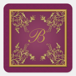 プラムワインと金ゴールドフローラダマスクモノグラムシール スクエアシール