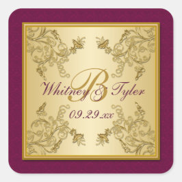 プラムワインと金ゴールドフローラダマスクモノグラムシール スクエアシール
