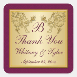 プラムワインと金ゴールドフローラダマスクモノグラムシール スクエアシール