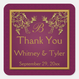 プラムワインと金ゴールドフローラダマスクモノグラムシール スクエアシール