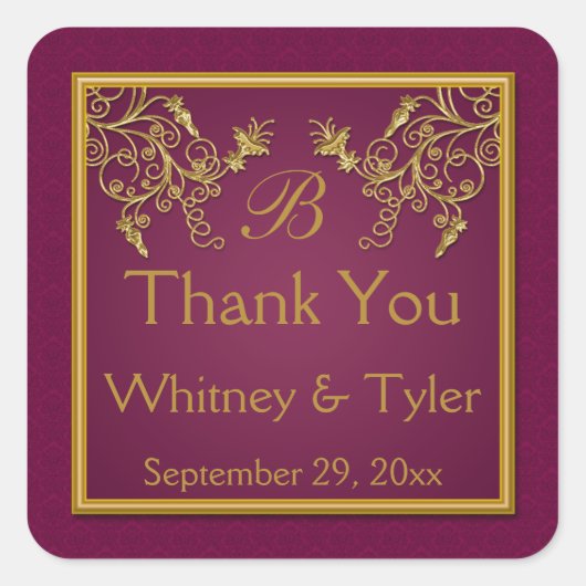 プラムワインと金ゴールドフローラダマスクモノグラムシール スクエアシール (正面)