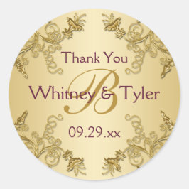 プラムワインと金ゴールドフローラダマスクモノグラムシール ラウンドシール