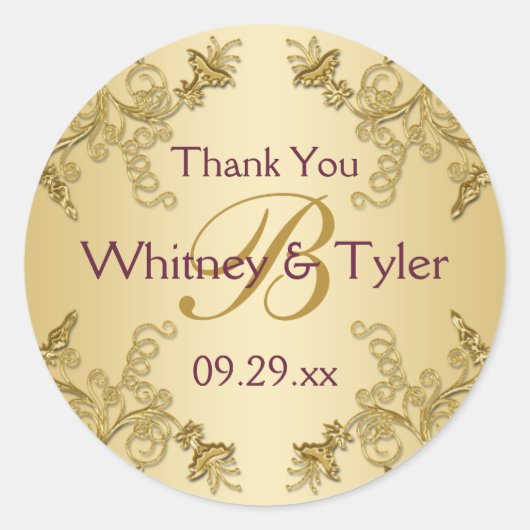 プラムワインと金ゴールドフローラダマスクモノグラムシール ラウンドシール (正面)