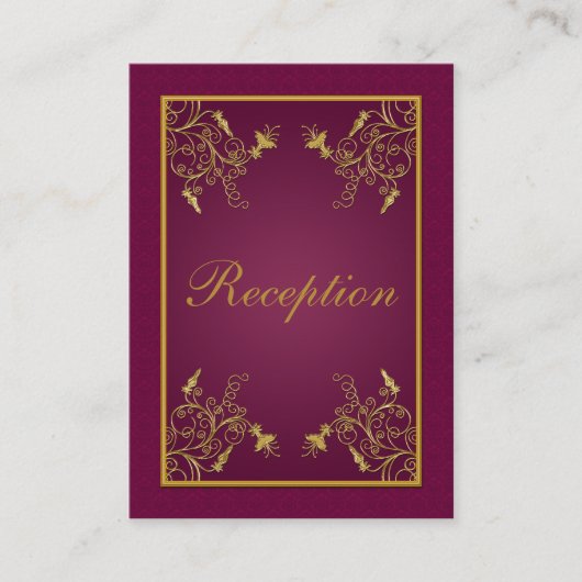 プラムワインと金ゴールドフローラダマスク囲みカード エンクロージャーカード (正面)