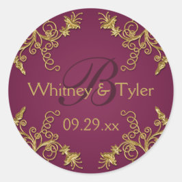 プラムワインと金ゴールドフローラダマスク1.5インチシール ラウンドシール