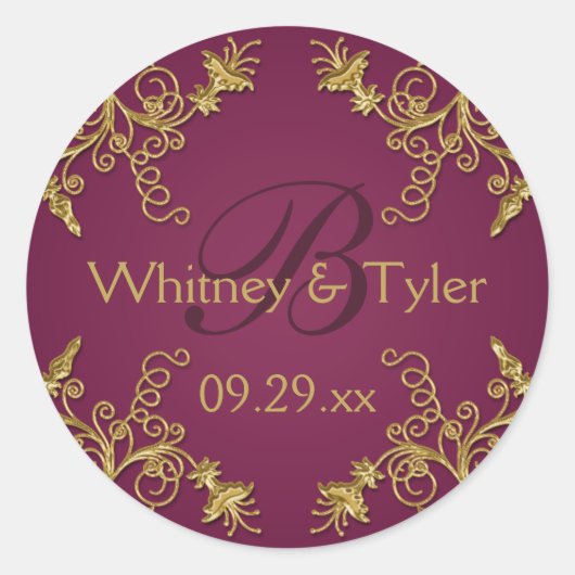 プラムワインと金ゴールドフローラダマスク1.5インチシール ラウンドシール (正面)