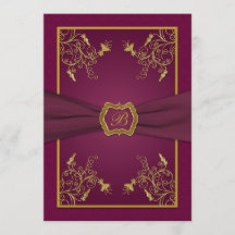 プラムワインと金ゴールドモノグラム結婚式招待状