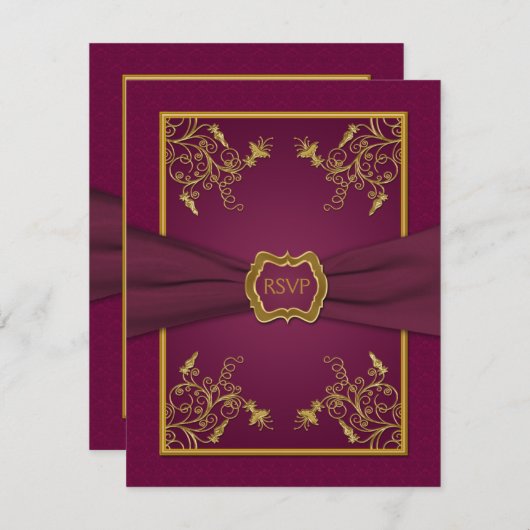 プラムワインのダマスクとゴールドメダリオンの返信カード 出欠カード (正面/裏面)