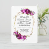 プラムワイン 花飾り ゴールド ジオメトリックボーダー 結婚式 招待状 (スタンド正面)