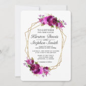 プラムワイン 花飾り ゴールド ジオメトリックボーダー 結婚式 招待状 (正面)