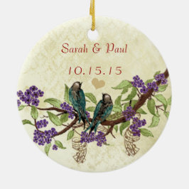 プラムヴィンテージバードクリスマスフォトブラウンノート セラミックオーナメント