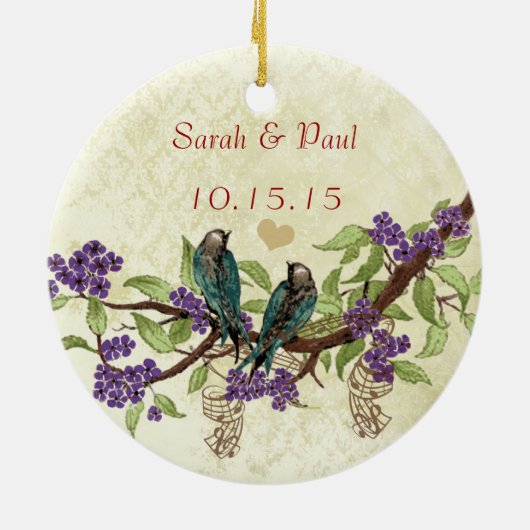 プラムヴィンテージバードクリスマスフォトブラウンノート セラミックオーナメント (裏面)