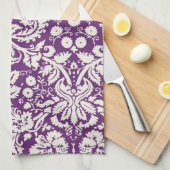 プラム白いダマスク織パターン キッチンタオル (四つ折り)