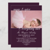 プラム砂糖及びスパイスの女の子の写真の誕生の発表 案内状 (正面/裏面)