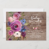 プラム素朴ブルーフローラベビーシャワー招待状 招待状 (正面)
