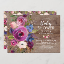 プラム素朴ブルーフローラベビーシャワー招待状