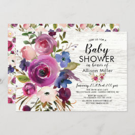プラム素朴ブルーフローラベビーシャワー招待状 招待状