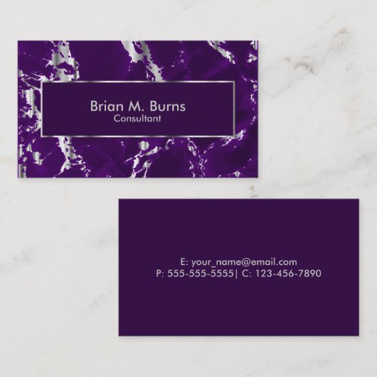 プラム紫色の大理石および金属銀製のデザイン 名刺 (正面/裏面)
