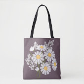 プラム色の背景に白いデイジーの花 トートバッグ (正面)
