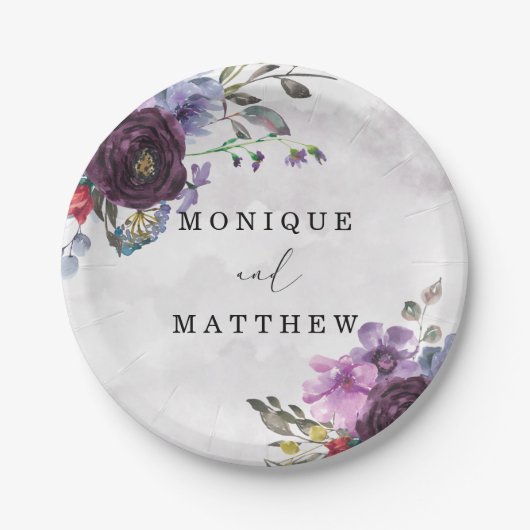 プラム薄紫ウォーターカラーガーデンピーニー結婚ズ ペーパープレート (正面)