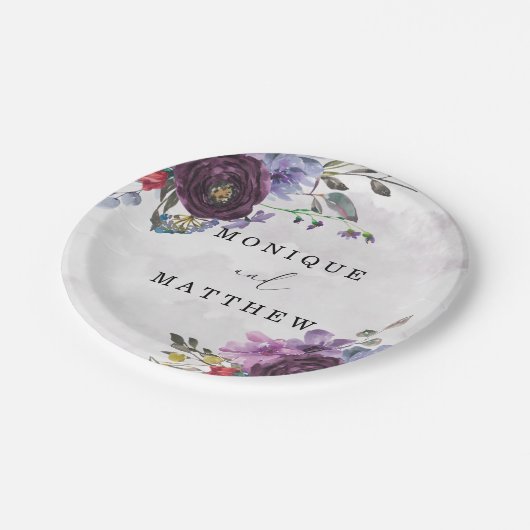 プラム薄紫ウォーターカラーガーデンピーニー結婚ズ ペーパープレート (アングル)