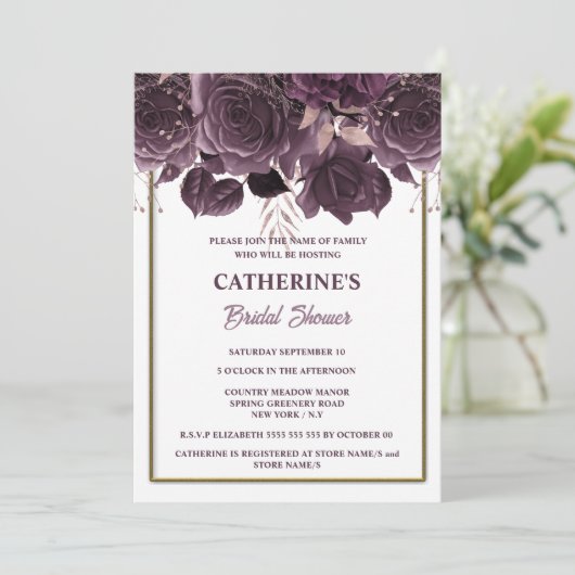 プラム金ゴールドホワイトローズウォーター色ブライダルシャワーシック 招待状 (スタンド正面)